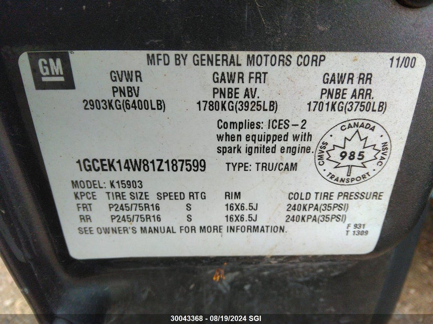 2001 Chevrolet Silverado K1500 VIN: 1GCEK14W81Z187599 Lot: 30043368