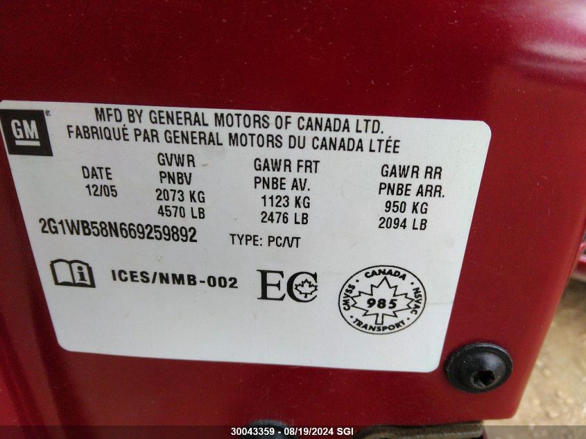 2006 Chevrolet Impala Ls VIN: 2G1WB58N669259892 Lot: 30043359