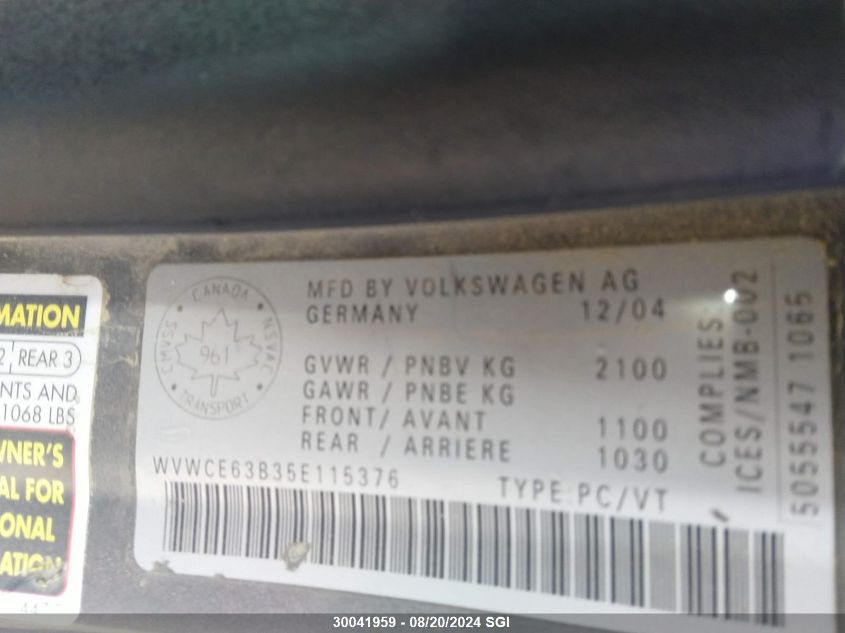 2005 Volkswagen Passat Gls Tdi VIN: WVWCE63B35E115376 Lot: 30041959