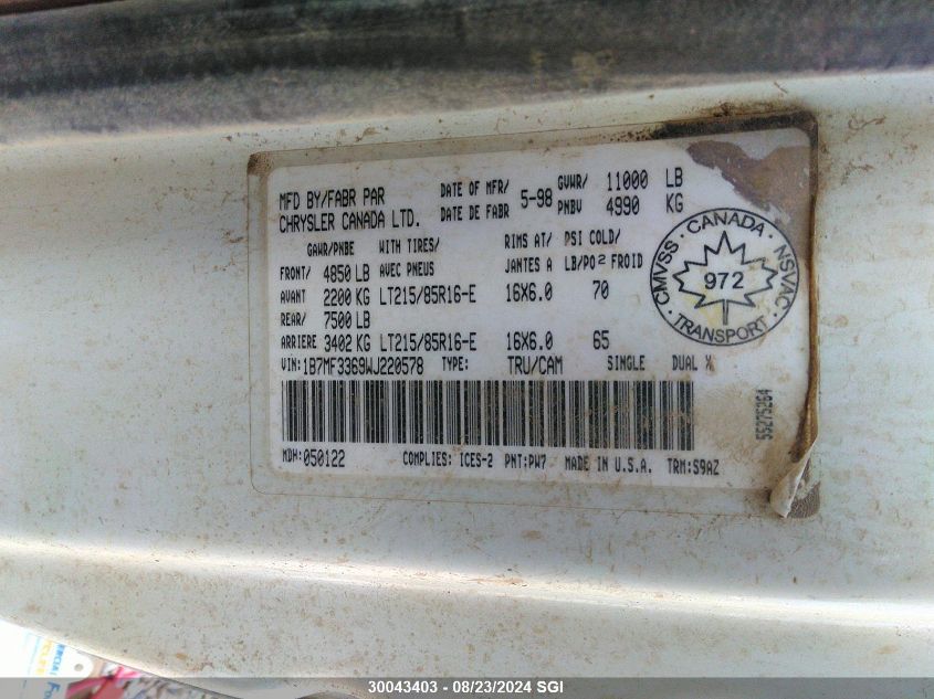 1998 Dodge Ram 3500 VIN: 1B7MF3369WJ220578 Lot: 30043403