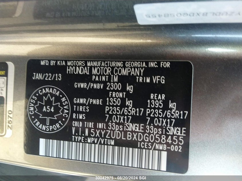 2013 Hyundai Santa Fe Sport VIN: 5XYZUDLBXDG058455 Lot: 30042975