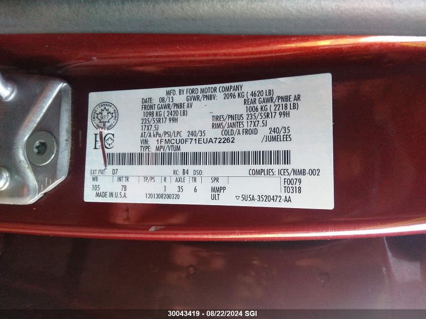 2014 Ford Escape S VIN: 1FMCU0F71EUA72262 Lot: 30043419