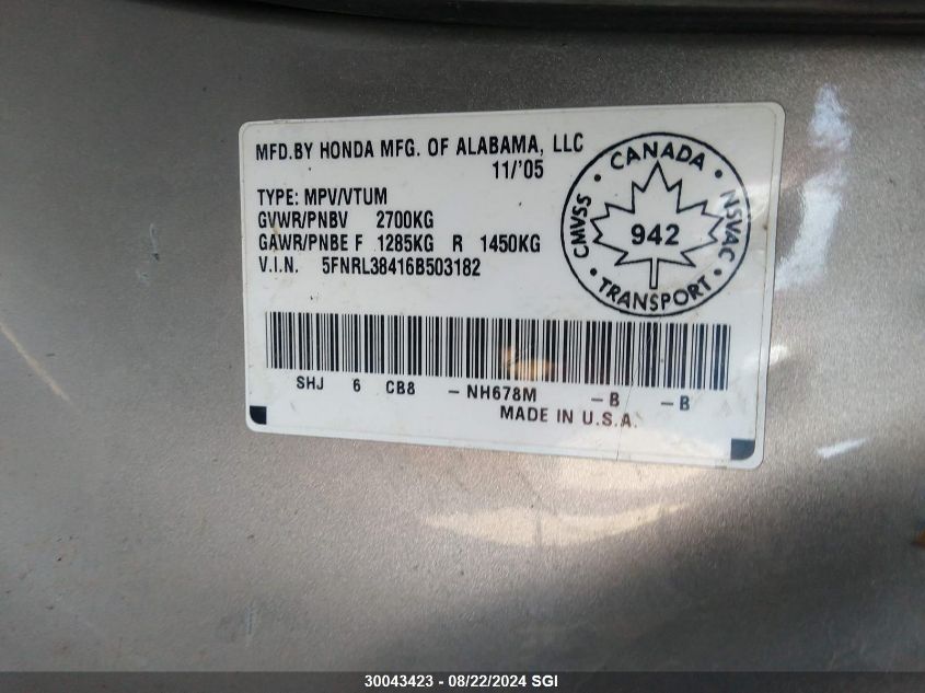 2006 Honda Odyssey Ex VIN: 5FNRL38416B503182 Lot: 30043423