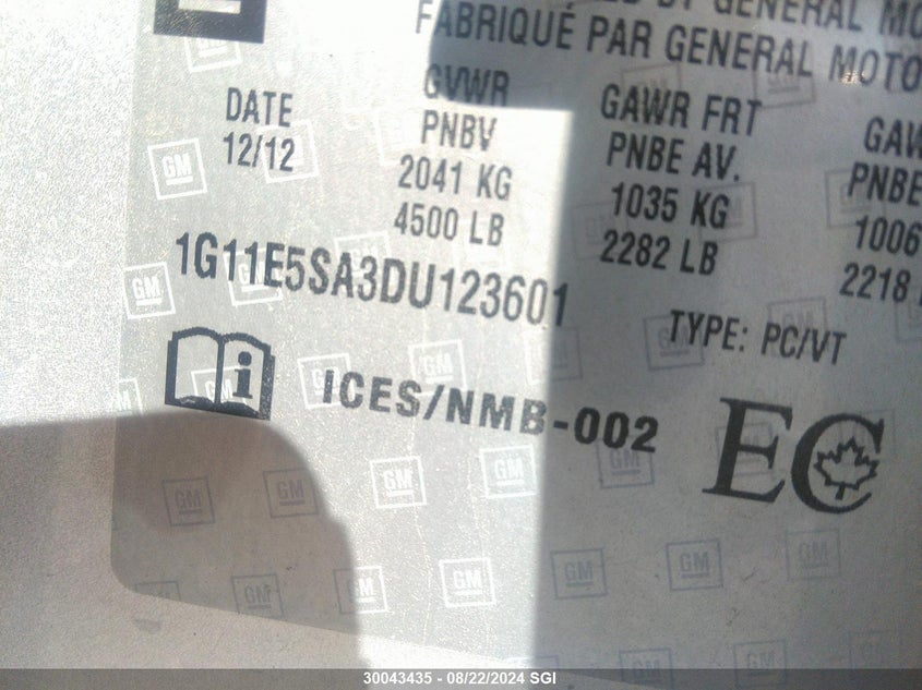 2013 Chevrolet Malibu 2Lt VIN: 1G11E5SA3DU123601 Lot: 30043435