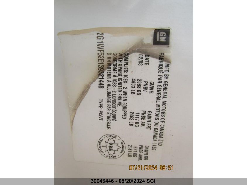 2003 Chevrolet Impala VIN: 2G1WF52E139321448 Lot: 30043446