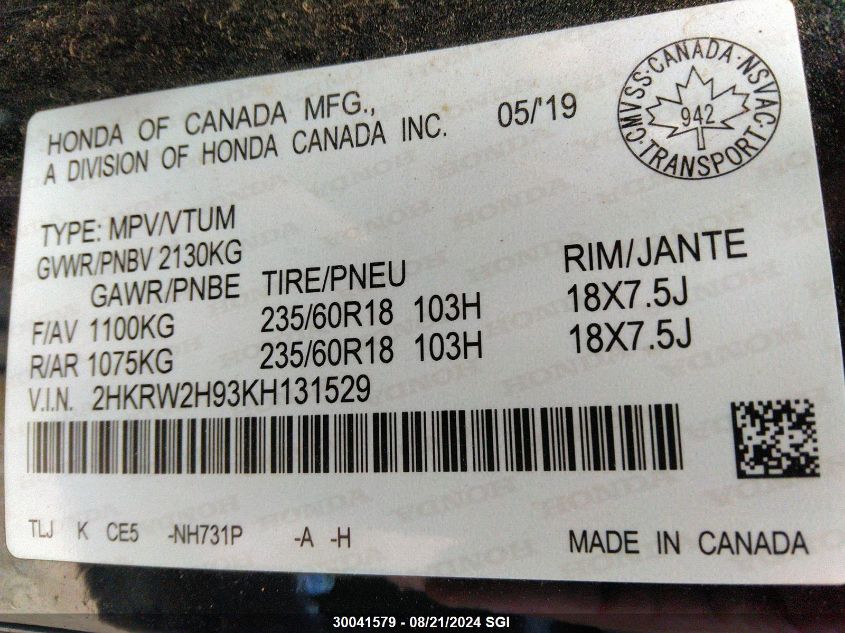 2019 Honda Cr-V Touring VIN: 2HKRW2H93KH131529 Lot: 30041579