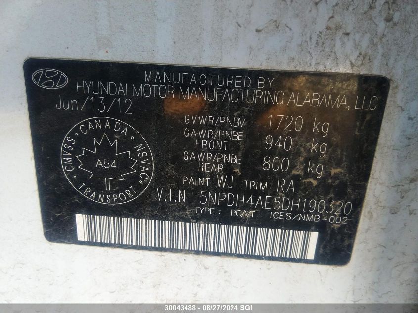 2013 Hyundai Elantra Gls/Limited VIN: 5NPDH4AE5DH190320 Lot: 30043488