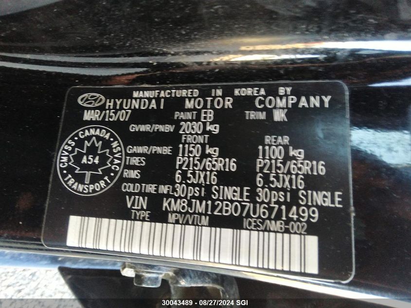 2007 Hyundai Tucson Gls VIN: KM8JM12B07U671499 Lot: 30043489