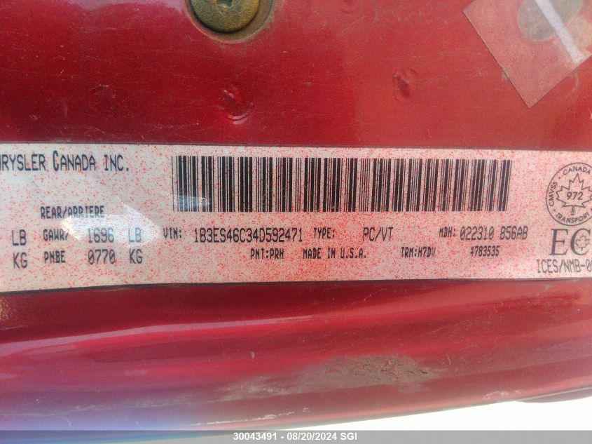 2004 Dodge Neon Sx 2.0 VIN: 1B3ES46C34D592471 Lot: 30043491