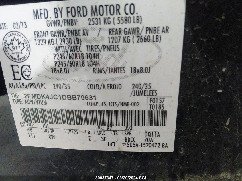 2013 Ford Edge Sel VIN: 2FMDK4JC1DBB79631 Lot: 30037347