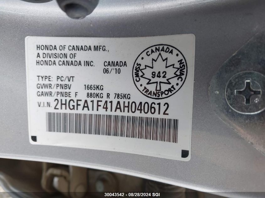 2010 Honda Civic Dx-G VIN: 2HGFA1F41AH040612 Lot: 30043542