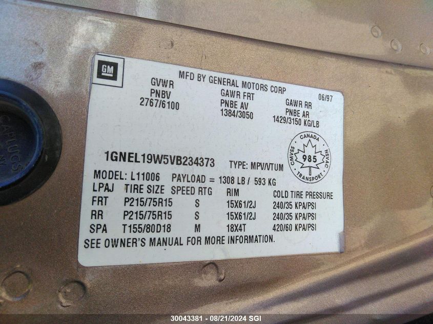 1997 Chevrolet Astro VIN: 1GNEL19W5VB234373 Lot: 30043381