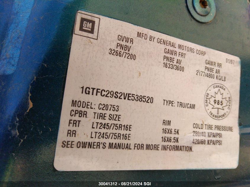 1997 Chevrolet Gmt-400 C1500 VIN: 2GCEC19R4V1255511 Lot: 30041312