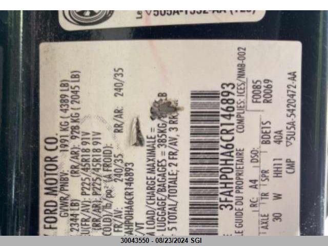 2012 Ford Fusion Se VIN: 3FAHP0HA6CR146893 Lot: 30043550