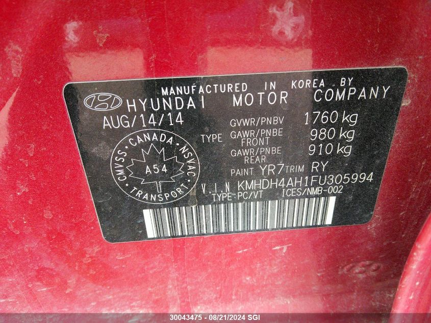 2015 Hyundai Elantra Se/Sport/Limited VIN: KMHDH4AH1FU305994 Lot: 30043475