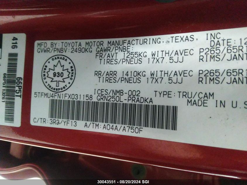 2015 Toyota Tacoma Double Cab Long Bed VIN: 5TFMU4FN1FX031158 Lot: 30043551