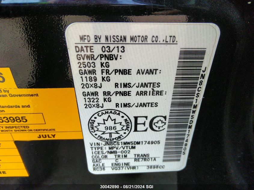 2013 Infiniti Fx37 VIN: JN8CS1MW5DM174905 Lot: 30042890