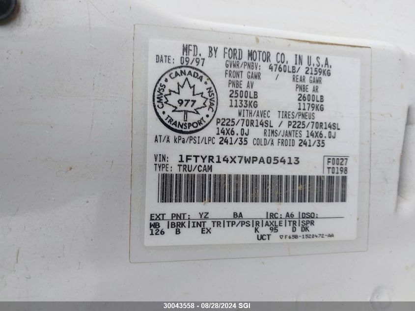 1998 Ford Ranger Super Cab VIN: 1FTYR14X7WPA05413 Lot: 30043558