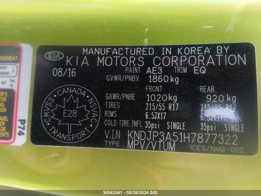 2017 Kia Soul + VIN: KNDJP3A51H7877322 Lot: 30043561