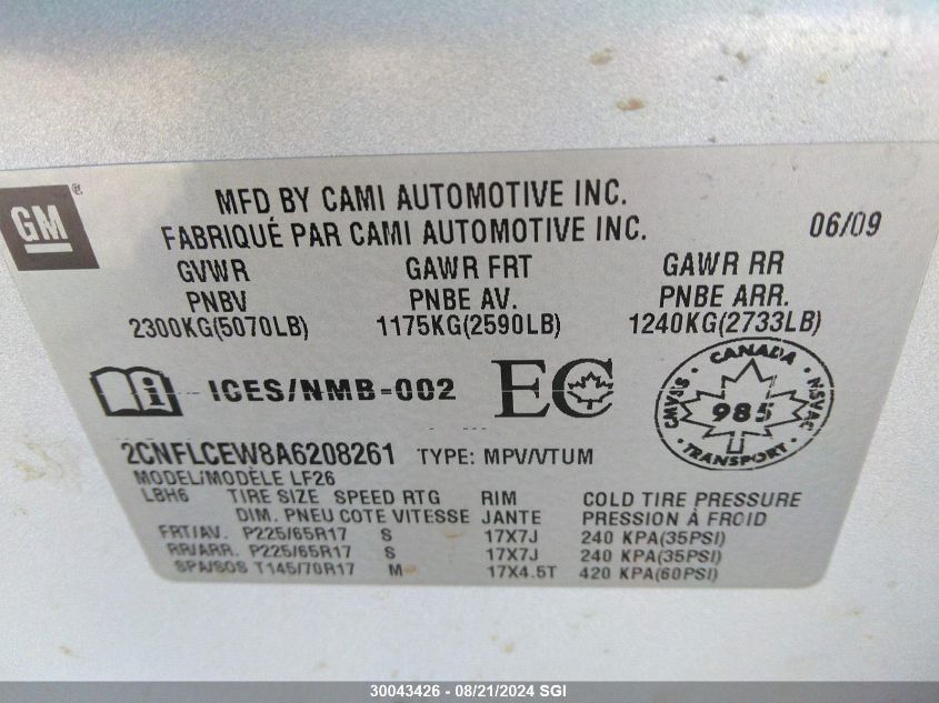 2010 Chevrolet Equinox Ls VIN: 2CNFLCEW8A6208261 Lot: 30043426