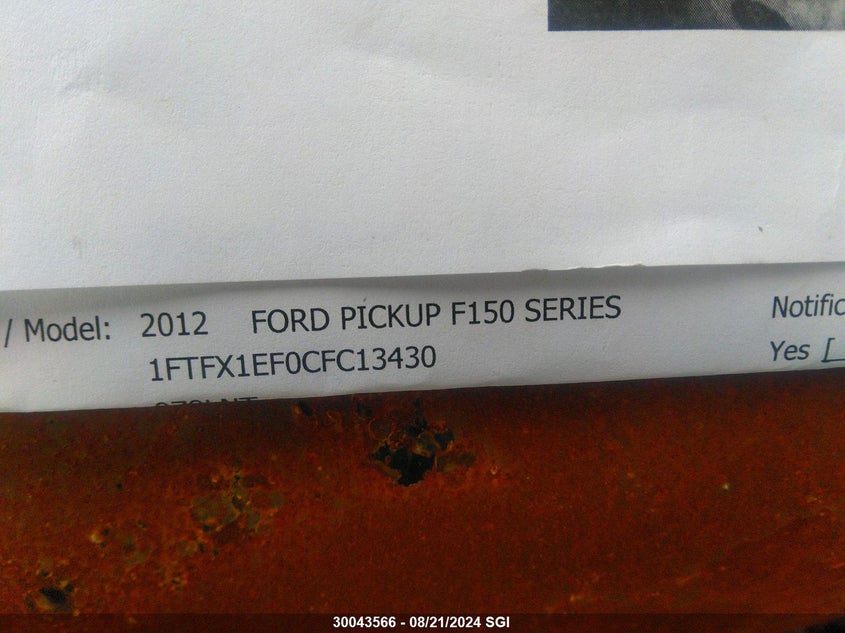 2012 Ford F150 Super Cab VIN: 1FTFX1EF0CFC13430 Lot: 30043566