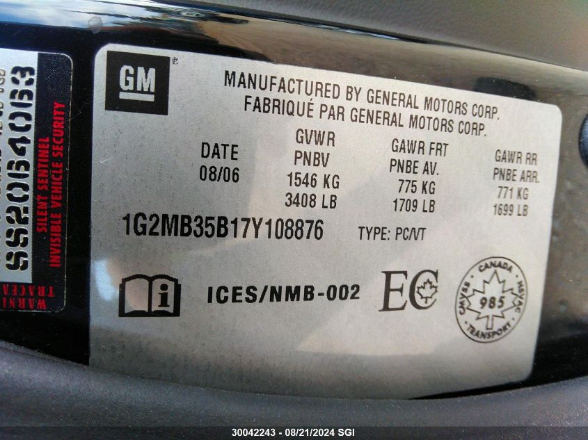 2007 Pontiac Solstice VIN: 1G2MB35B17Y108876 Lot: 30042243