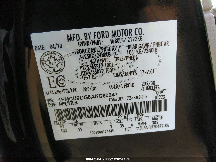 2010 Ford Escape Xlt VIN: 1FMCU9DG8AKC80247 Lot: 30043504