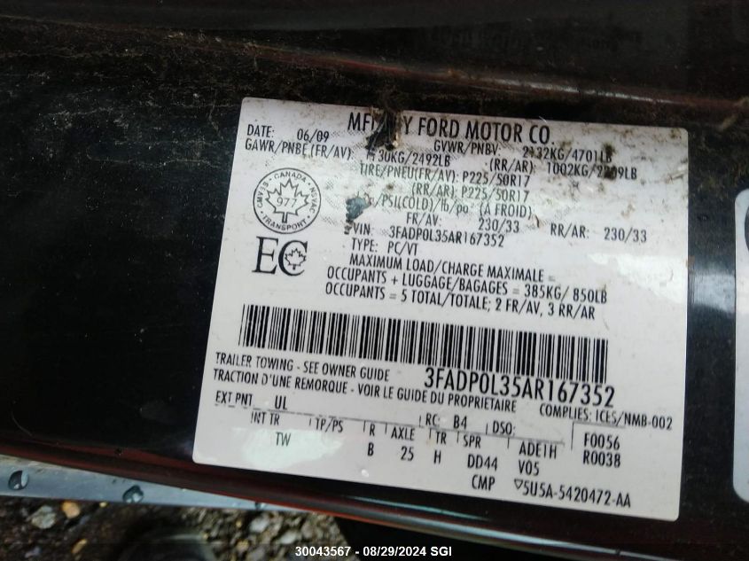 2010 Ford Fusion Hybrid VIN: 3FADP0L35AR167352 Lot: 30043567