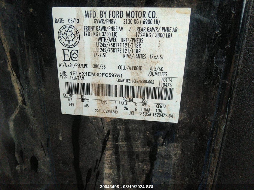 2013 Ford F150 Super Cab VIN: 1FTEX1EM3DFC59751 Lot: 30043498