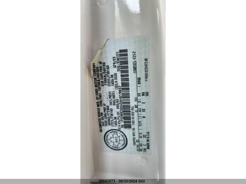 1999 Ford Econoline E350 Super Duty Ctwy V Rv VIN: 1FDWE30S4XHB19837 Lot: 30043573