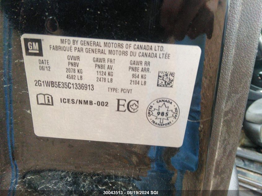 2012 Chevrolet Impala Lt VIN: 2G1WB5E35C1336913 Lot: 30043513