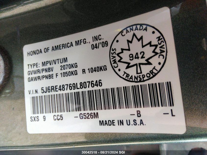 2009 Honda Cr-V Exl VIN: 5J6RE48769L807646 Lot: 30042518