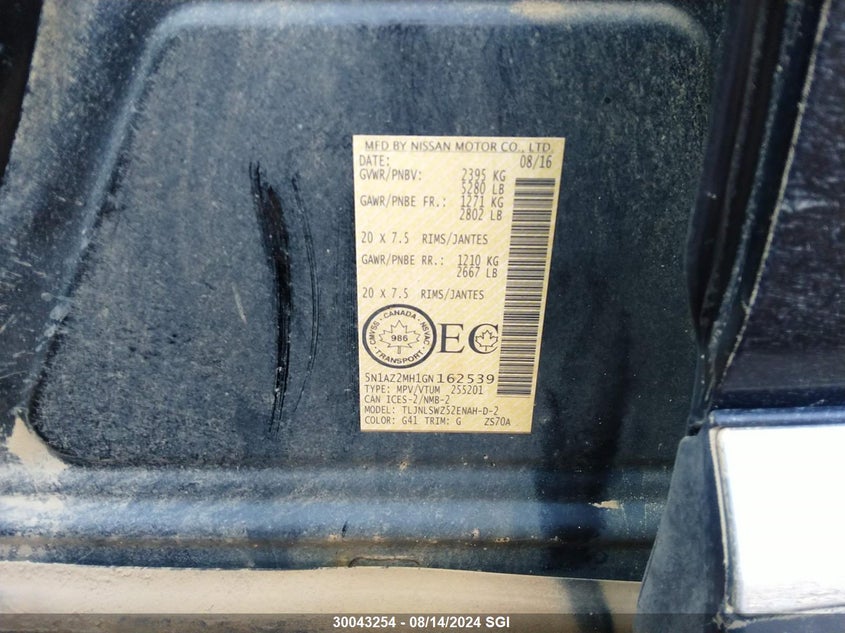 2016 Nissan Murano S/Sl/Sv/Platinum VIN: 5N1AZ2MH1GN162539 Lot: 30043254