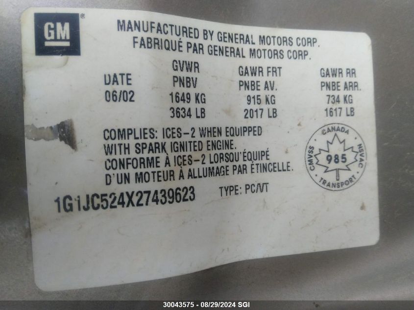 2002 Chevrolet Cavalier Cng VIN: 1G1JC524X27439623 Lot: 30043575