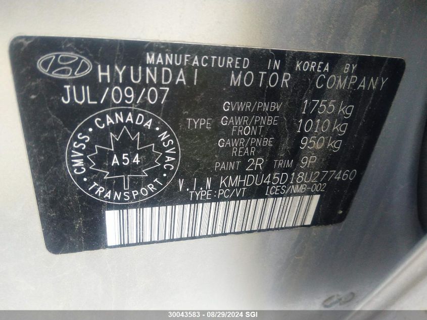 2008 Hyundai Elantra Gl/Gls VIN: KMHDU45D18U277460 Lot: 30043583