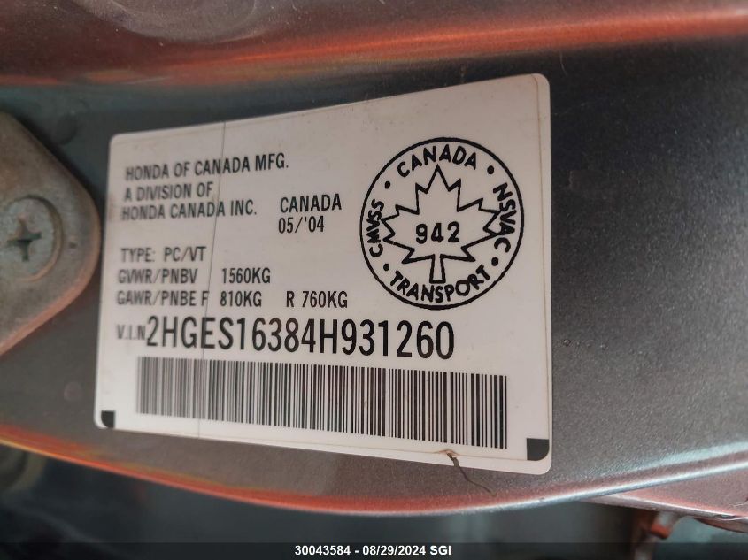 2004 Honda Civic Dx Vp VIN: 2HGES16384H931260 Lot: 30043584