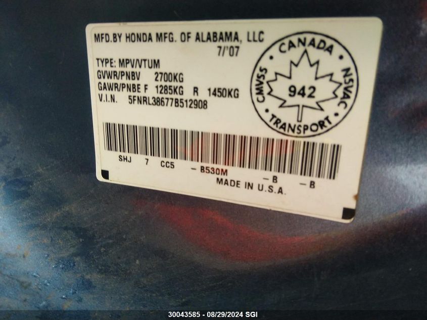 2007 Honda Odyssey Exl VIN: 5FNRL38677B512908 Lot: 30043585