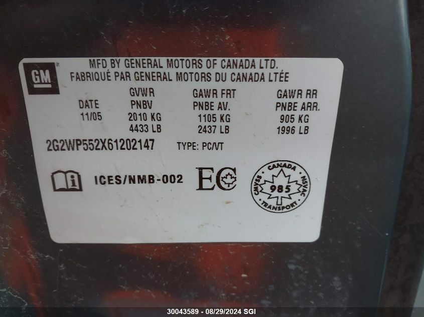 2006 Pontiac Grand Prix VIN: 2G2WP552X61202147 Lot: 30043589