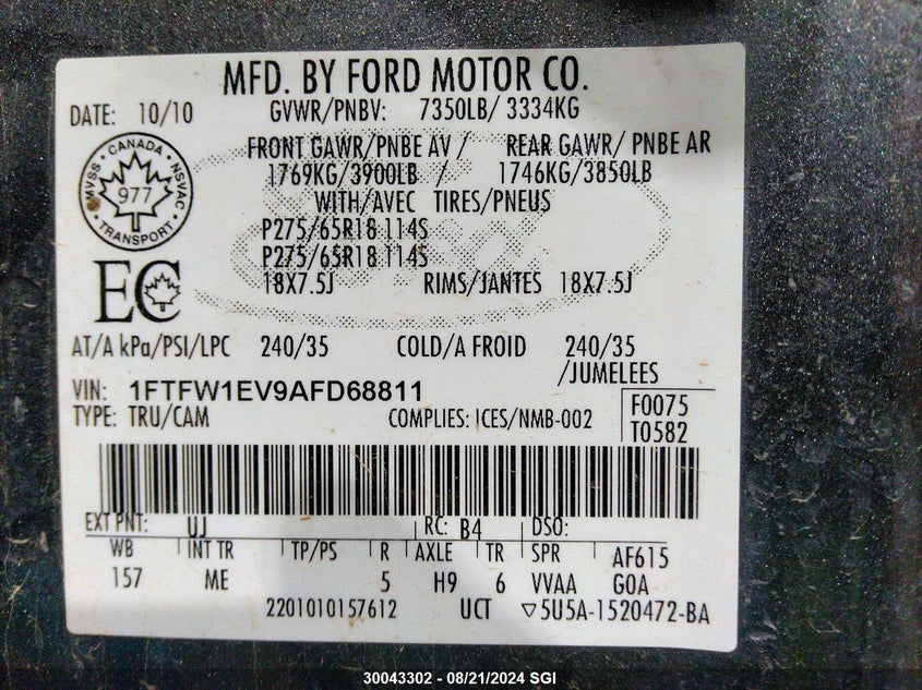2010 Ford F150 Supercrew VIN: 1FTFW1EV9AFD68811 Lot: 30043302