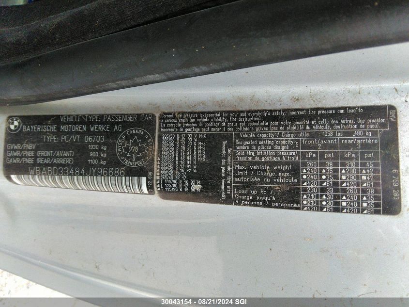 2004 BMW 325 Ci VIN: WBABD33484JY96686 Lot: 30043154
