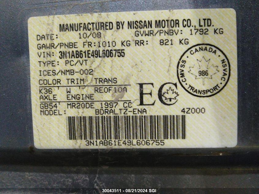 2009 Nissan Sentra 2.0/2.0S/2.0Sl VIN: 3N1AB61E49L606755 Lot: 30043511