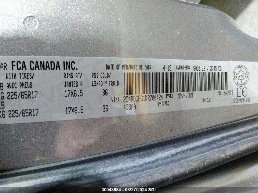 2019 Dodge Grand Caravan Se VIN: 2C4RDGBG1KR700424 Lot: 30043684