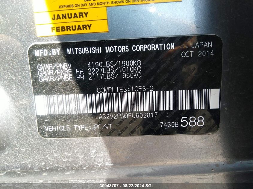 2015 Mitsubishi Lancer Se VIN: JA32V2FW9FU602817 Lot: 30043707