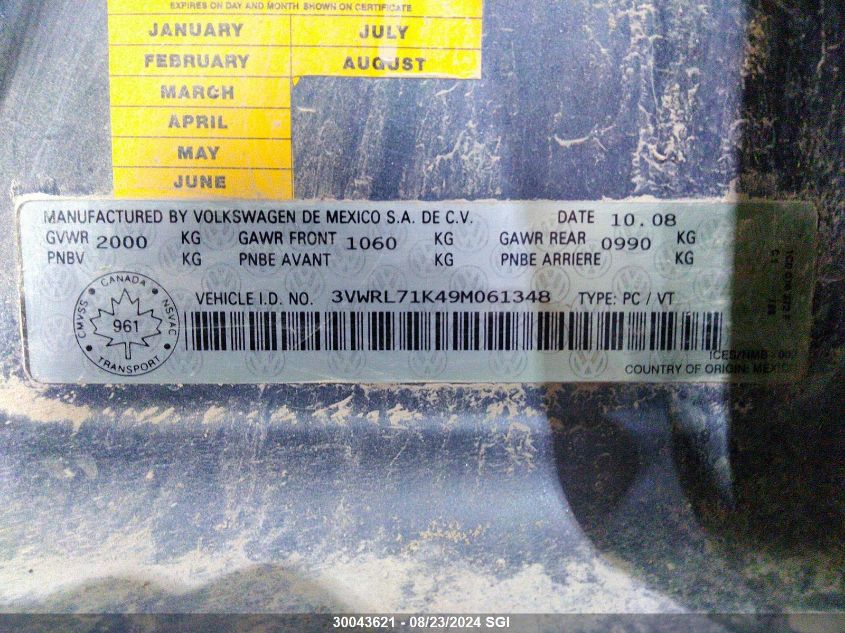 2009 Volkswagen Jetta Tdi VIN: 3VWRL71K49M061348 Lot: 30043621