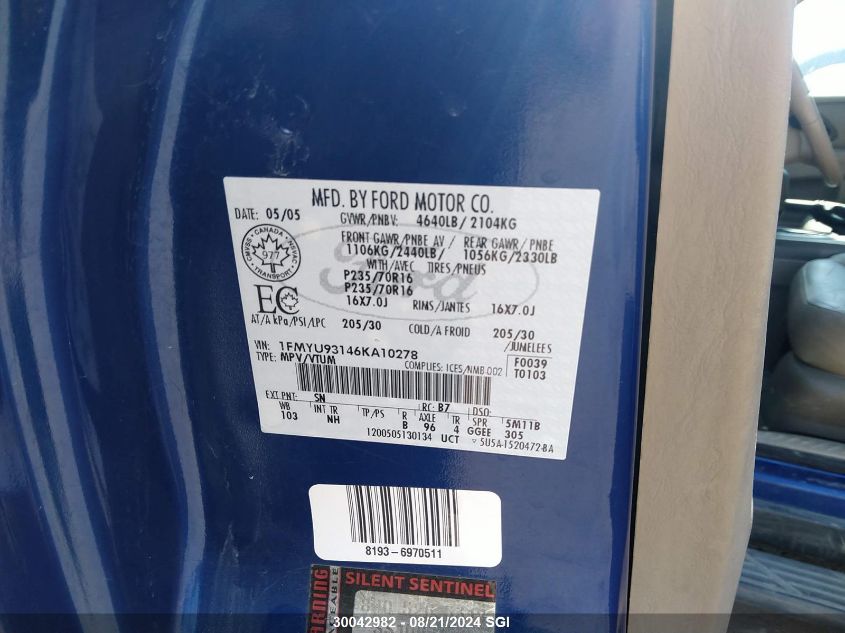 2006 Ford Escape Xlt VIN: 1FMYU93146KA10278 Lot: 30042982