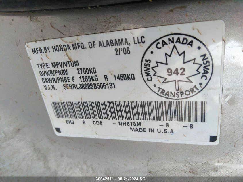 2006 Honda Odyssey Exl VIN: 5FNRL38686B506131 Lot: 30042511