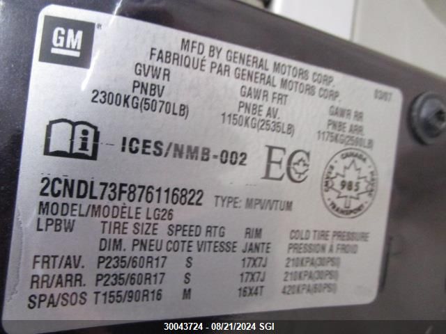 2007 Chevrolet Equinox Lt VIN: 2CNDL73F876116822 Lot: 30043724