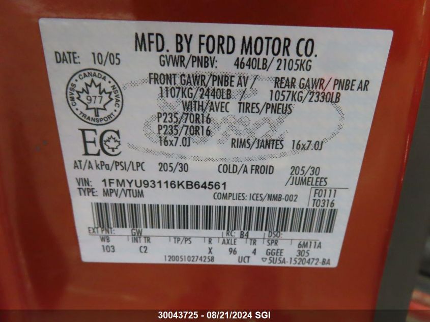 2006 Ford Escape Xlt VIN: 1FMYU93116KB64561 Lot: 30043725