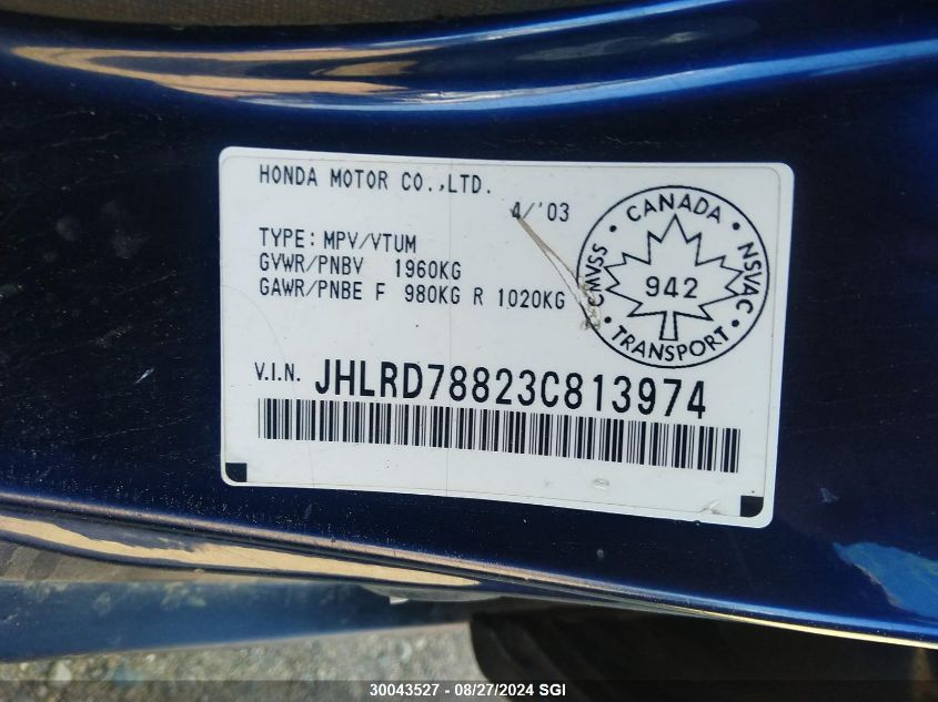 2003 Honda Cr-V Ex VIN: JHLRD78823C813974 Lot: 30043527