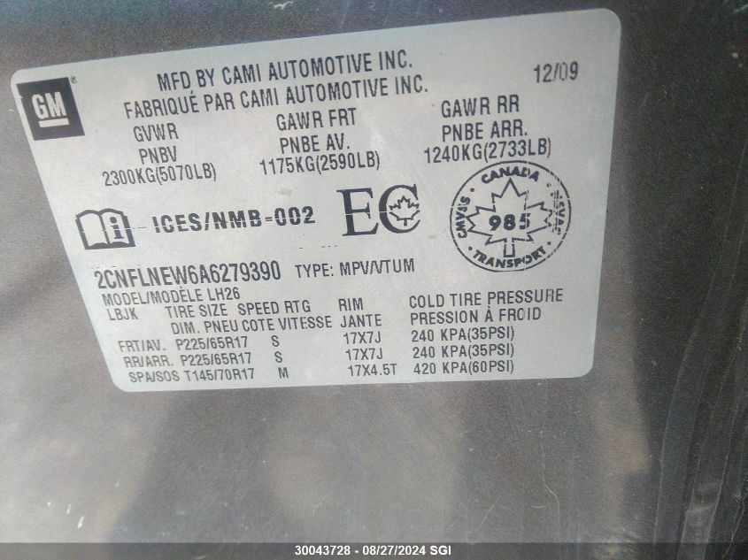 2010 Chevrolet Equinox Lt VIN: 2CNFLNEW6A6279390 Lot: 30043728